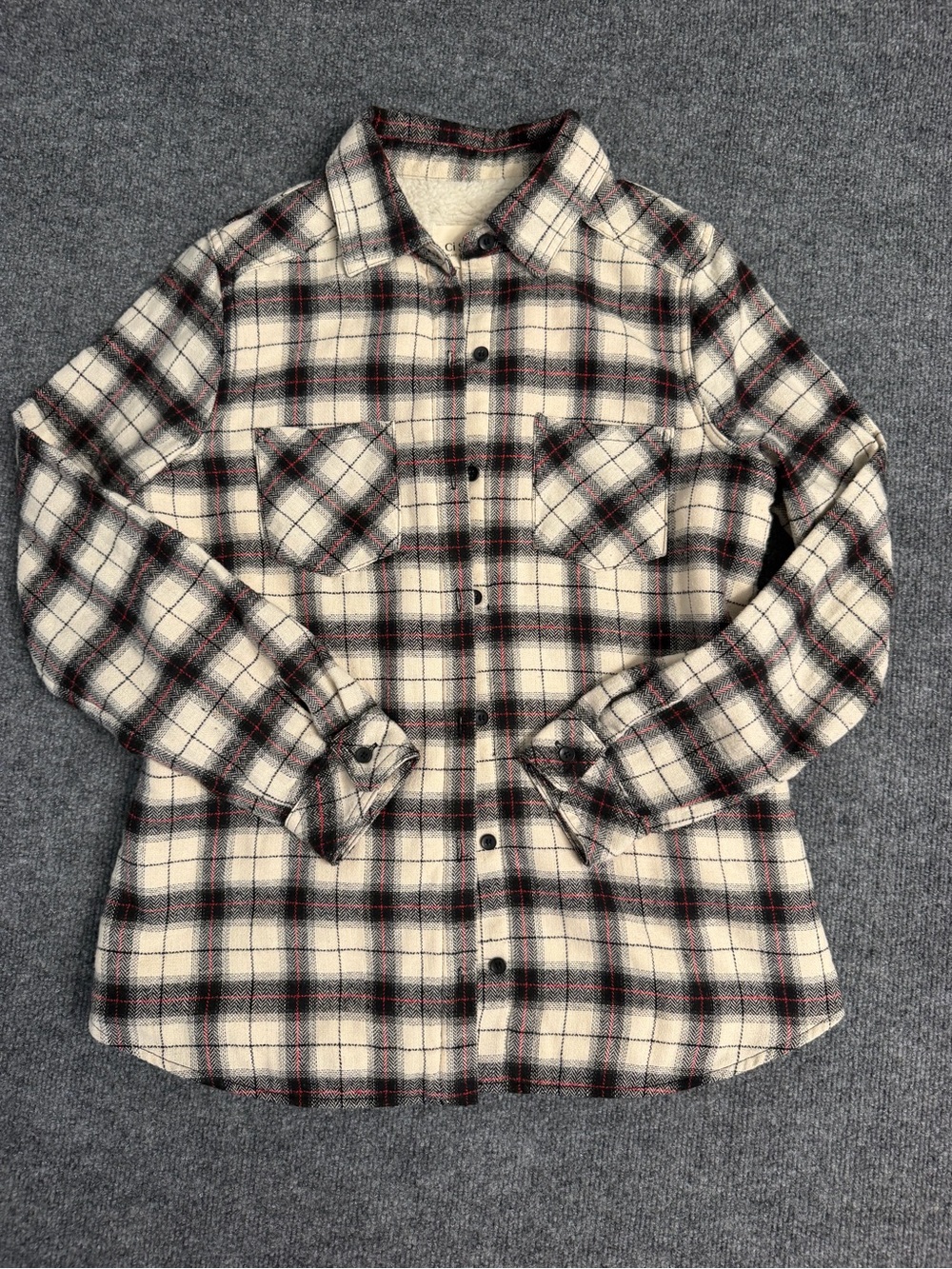 Ci Sono Cream Plaid Shirt with Black and Red Accents